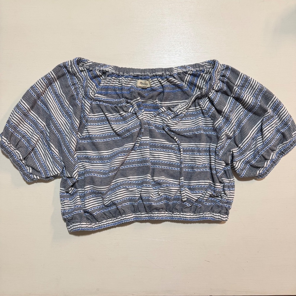 Madewell Womens Medium Blue White Striped Tie Front Puff Sleeve Crop Top Blouse